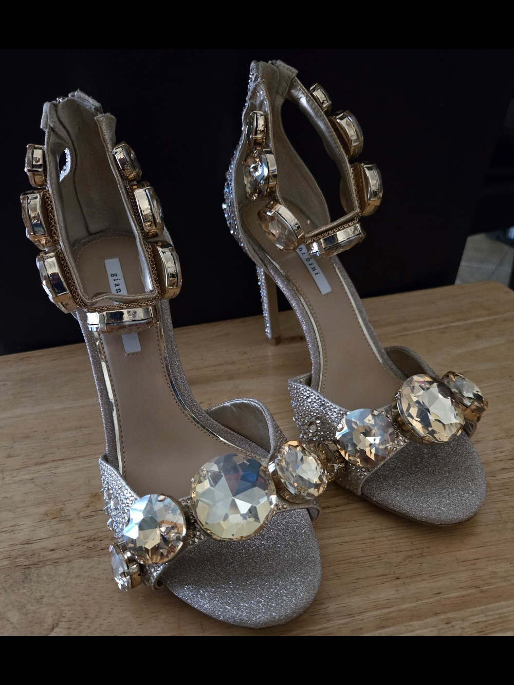 Gianni Bini Oaklynn rhinestone jeweled ankle cuff dress sandals in gold